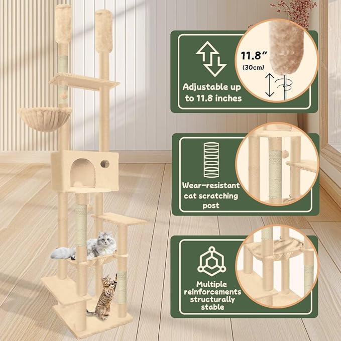 96.5"-108" Cat Tree Floor to Ceiling 7-Tier Cat Tower Adjustable Height with Scratching Posts, Cozy Hammock, Cat Condo for Indoor Cats(Beige)