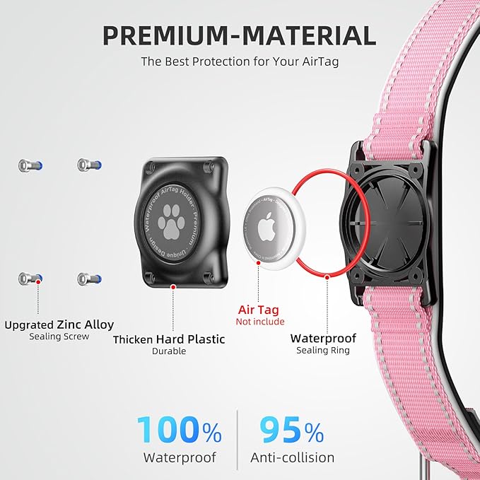 Airtag Dog Collar - 100% Waterproof Air tag Dog Collar Holder for Apple AirTag, Reflective, Soft Padded, Everlasting, GPS Dog Collar for Small Medium Large Dogs (Pink, S)