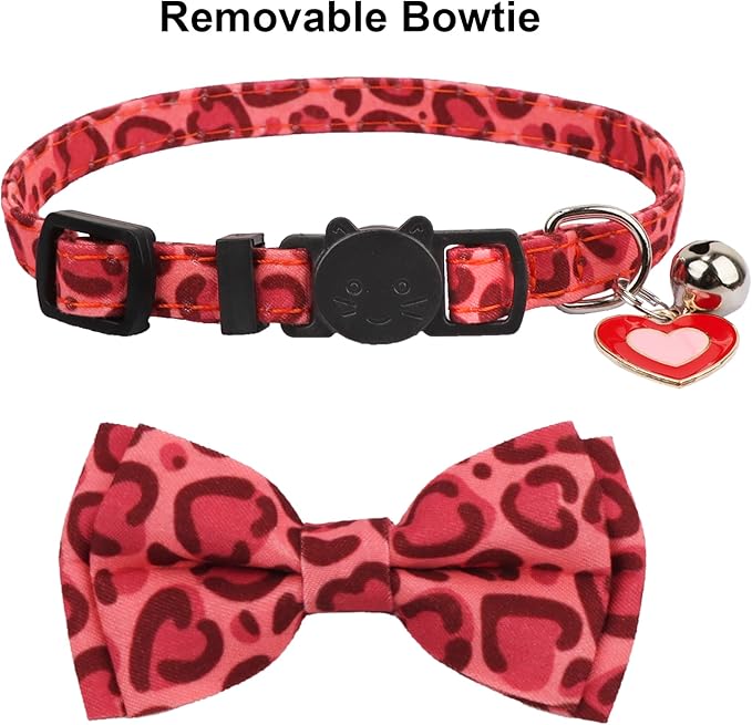 ADOGGYGO Valentine Cat Collar with Removable Bow Tie Bell - 2 Pack Holiday Valentine Heart Collar for Cat Kitten