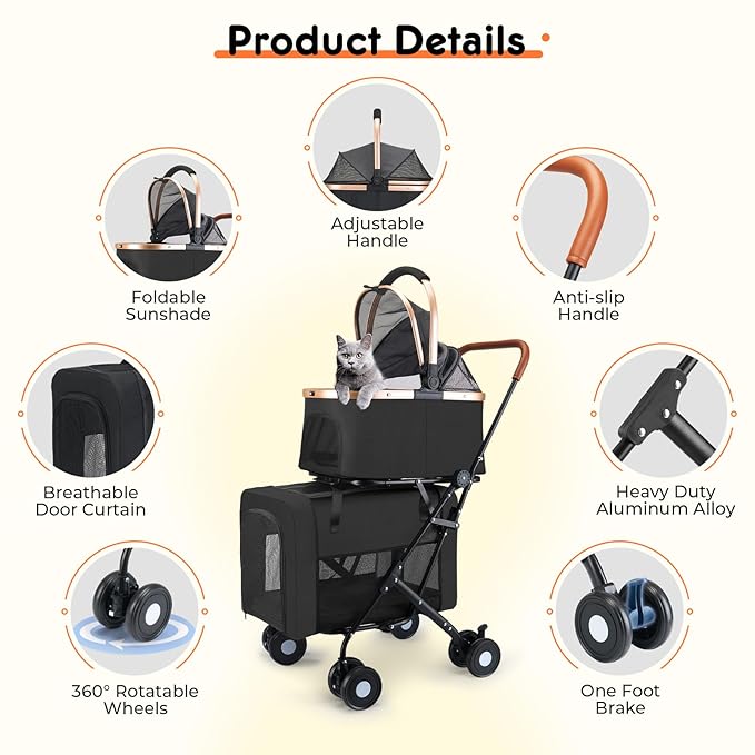 Double Pet Stroller for Small Medium Dogs - 4 In1 Dog Stroller for 2 Pets, Detachable and Foldable with 360°Rotating Wheels, Easy Assembly and Compact Size