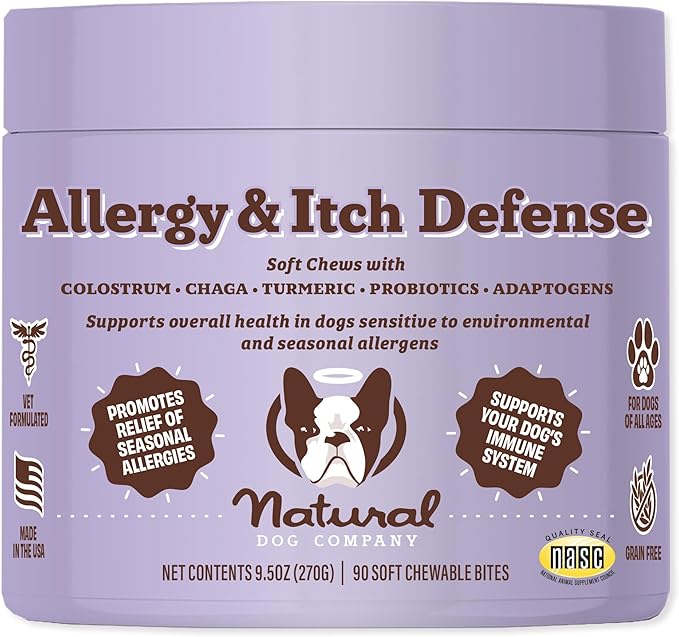 Natural Dog Company Allergy & Itch Defense Chews – Allergy Support for Dogs, Itch Relief, Skin, Coat & Gut Health with Probiotics, Colostrum & Salmon Oil, Grain-Free Dog Supplement, 90 ct