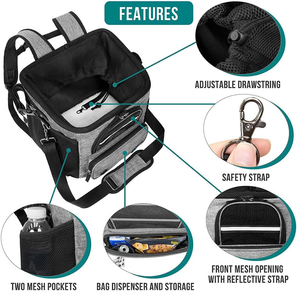 PetAmi Dog Bike Basket, Soft-Sided Ventilated Dog Bike Carrier Backpack, Pet Bicycle Basket for Bike Handlebar, Small Medium Puppy Cat Kitten Car Booster Seat with Safety Strap, Max 18 lbs, Gray