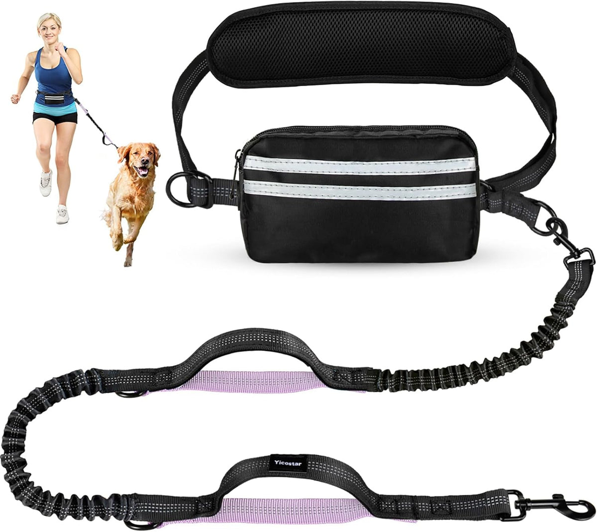 Hands Free Dog Leash, Shcok Abosoring Bungee with Double Padded Handles, Waist Leash for Dog Walking, Dog Leash with Bungee for Medium & Large Dog, Dog Walking Accessories, Black Purple