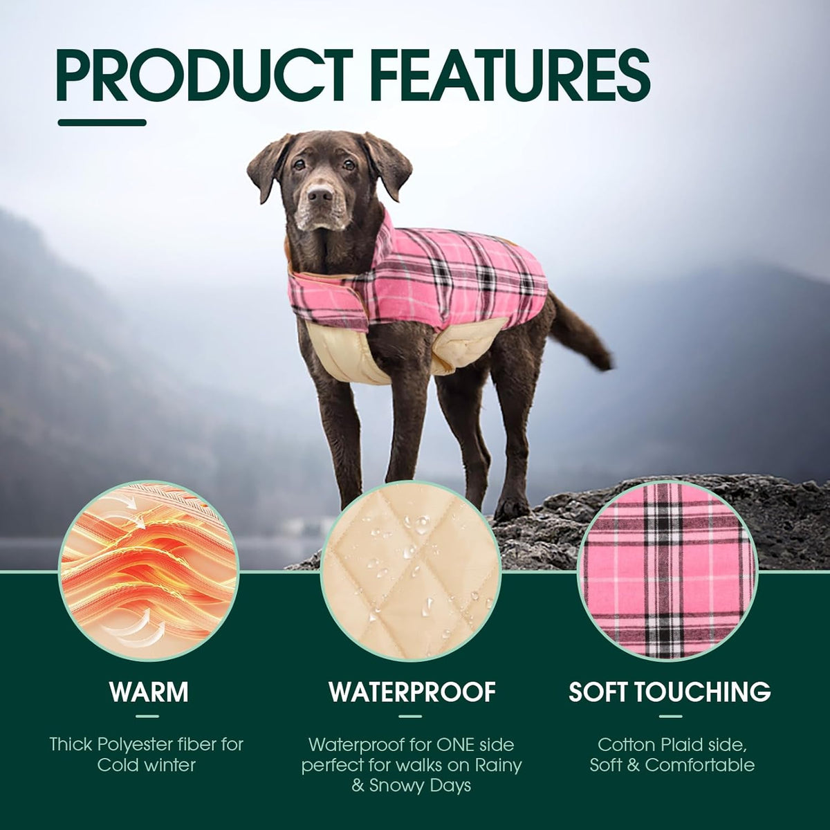 Kuoser Warm Dog Coat, Waterproof Dog Jacket for Extra Large Dogs, Adjustable Durable XXL Doggie Winter Coat Reversible Puppy Cold Weather Apparel from Small to Large Breed, Pink XXL