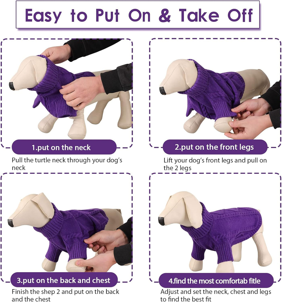 Queenmore Small Dog Pullover Sweater, Cold Weather Cable Knitwear, Classic Turtleneck Thick Warm Clothes for Chihuahua, Bulldog, Dachshund, Pug (Purple, Small)