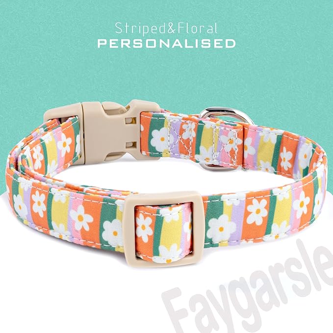 Faygarsle Colorful Floral Dog Collar, Cotton Fabric with Daisy Pattern, Multi-Color Stripes Spring Summer Design for Small Medium Large Dogs S