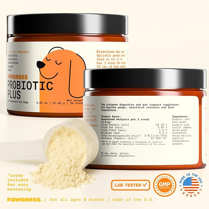 5-in-1 Dog Probiotic Powder – 100% Natural Gut Health Support with Prebiotics, Postbiotics & Enzymes – Crafted by Dog Nutritionist Kayla Kowalski, Made in USA – 30 Scoops