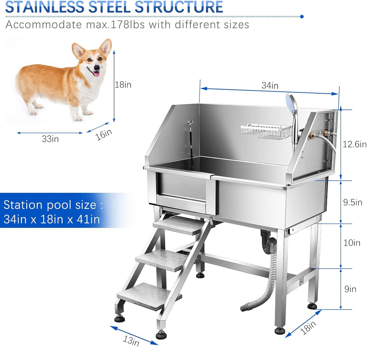 Dog Bath Tub 34'' Small Dogs, Pet Grooming Bahtub Home Washing Station for Small Pets Stainless Steel with Sliding Doors, Left Steps
