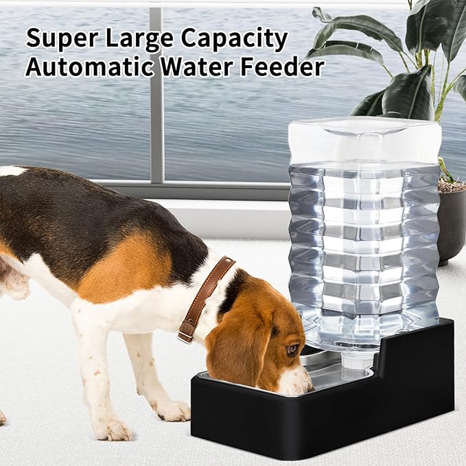RIZZARI Stainless Steel Pet Water Feeder: 9.5L Black Automatic Leak-Proof Gravity Dispenser - Without Filter - for Senior 40-60 LB Dogs with Joint Spine Issues -Garage Living Room