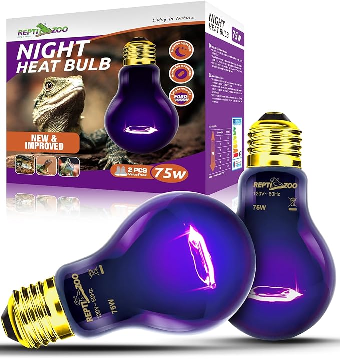 REPTI ZOO 75W Reptile Heat Lamp 2Pack Reptile Night Heat Bulb Night Heat Lamp Without UVA for Turtle Bearded Dragon Gecko Lizard and Snake E26/E27 Purple