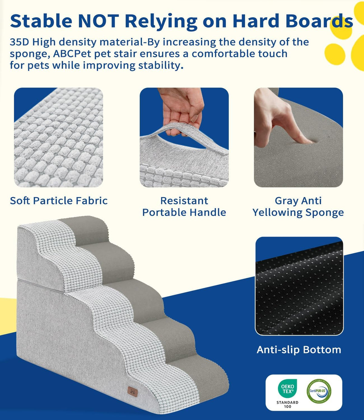 Dog Step for Bed, Dog Stair 5-Step 35D Pet Stair 22.8" H for High Bed or Sofa Non-Slip Balanced Pet Step Indoor, Light Grey