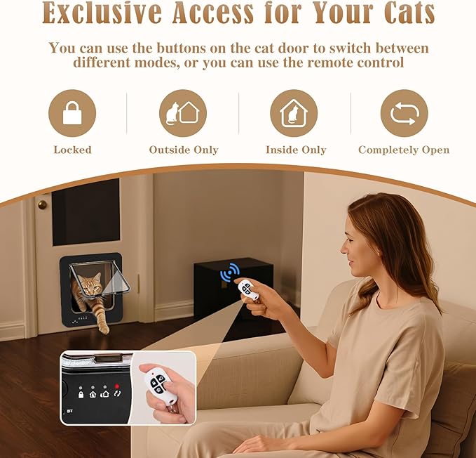 Smart Cat Door for Interior & Exterior, Flap Opening is 7.67’’ (H) by 7'' (W), RFID Cat Pet Door with 3 RFID Collar Sensor Keys & 1 Remote & 4 Way Locking Cat Flap, Automatic Opening Cat Door (Black)