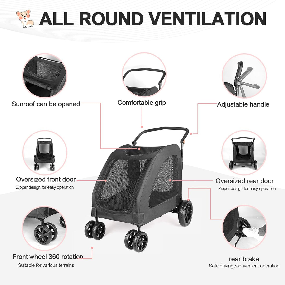 Large Dog Travel Stroller with 4 Heavy Duty Wheels Pet Stroller with Adjustable Handle - Double Doggie Capacity Jogger Wagon with Back Front Door for Small Medium Large Dogs (Black 1)