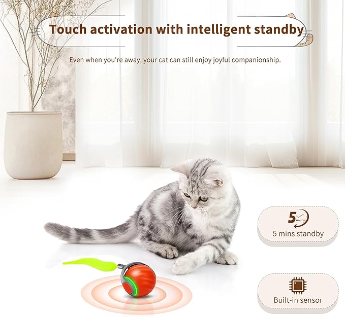 Speedy Tail 2.0 Interactive Cat Toy – Smart Self-Rolling Cat Ball with Feather Tail, Automatic Moving Motorized Toy for Indoor Cats, Chasing & Hunting Fun (Orange)