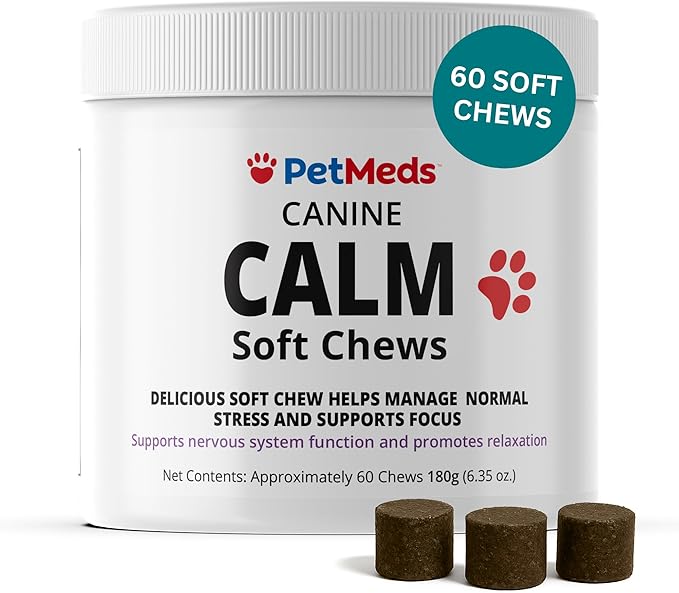 PetMeds Calm Supplement for Dogs - Anxiety & Stress Relief with Vitamins, Theanine & Lemon Balm - Supports Dogs During Travel, Thunder & Separation - Beef & Sweet Potato Flavor - 60 Soft Chews