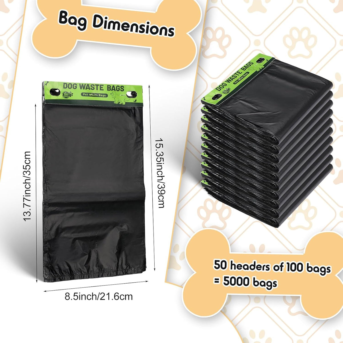 Ireer 5000 Pcs 50 Counts 5000 Pcs Header Bag Bulk Dog Pet Waste Bags Poop Easy Single Pull for Poop Dog Waste Station Fit Hang Hole Dispenser Home Outdoor (Black)