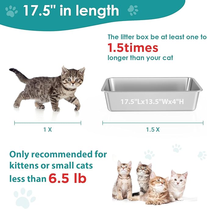 IKITCHEN Stainless Steel Cat Litter Box, Large Metal Litter Pan for Cats, Kitty Litter Box Never Absorbs Odors, Low Side Entry Non Stick, Easy Clean 17.5 x 13.5 x 4 inches