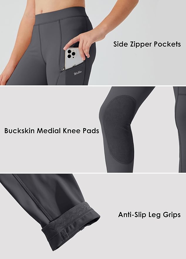 Willit Girls Horse Riding Pants Tights Kids Equestrian Breeches Knee-Patch Youth Schooling Tights Zipper Pockets