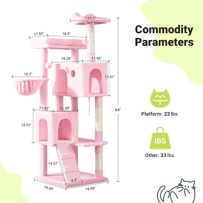 Allewie 64 Inches Cat Tree Tower/Multi-Level Activity Center for Indoor Big Felines/2 Plush Condos/2 Perchs/Basket/House/Sisal Scratching Posts/Hanging Cat Toys/Pink