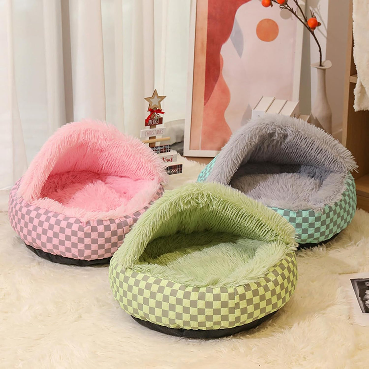 Cat Bed Hooded Plush Nest with Self-Warming Cozy Cave, Calming Anti-Anxiety Pet Bed for Indoor Cats & Small Dogs, Removable Washable Cover & Waterproof Bottom - Gray