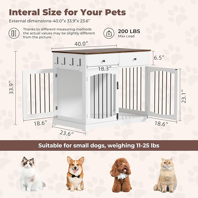 40" Dog Crate Furniture, Wooden Dog Kennel Furniture with Storage Drawers, End Table Dog House Indoor, Decorative Dog Crates for Small Medium Large Dog, White