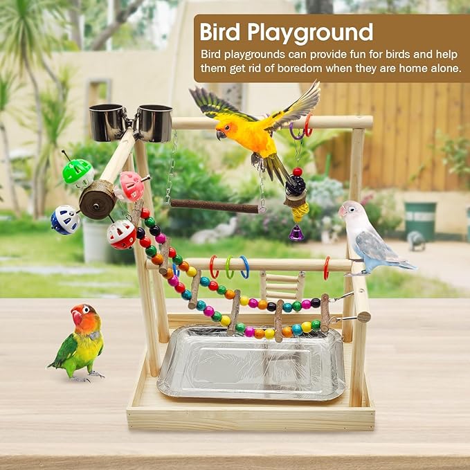 PINVNBY Bird Playground Parrot Playstand Play Gym Cockatiel Wood Bird Toys Birds Cage Accessories Playpen Ladder with Feeder Cups Hanging Swing Toys for Parakeet Conure Lovebird Cockatiel