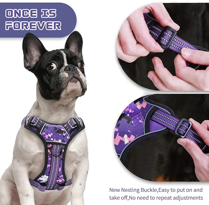 No Pull Dog Harness for Medium Dogs, Adjustable No Choke Pet Vest with Dog Leash Fit Smart Reflective Pet Walking Harness for Training Easy Control Soft Handle Purple Camo M