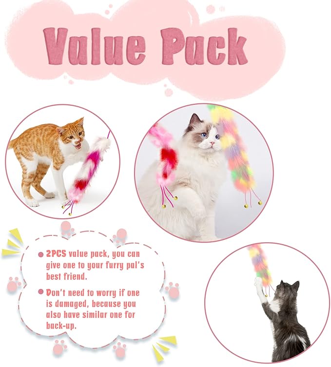 2 Pack Cat Wand Toy, Rainbow Cat Feather Toys with Bells, Teaser Wand with Soft Furry Tail, Interactive Toys for Indoor Cats & Kitten & Kitty