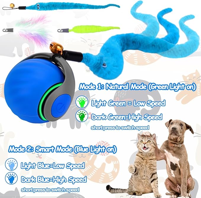 Interactive Cat Toy Ball - Speedy Cat Toys for Indoor Cats with Feather Tails for Chasing, Moving Stimulation Smart Cat Toy for Enrichment, Motion Activated Automatic Rolling Toys to Keep Them Busy