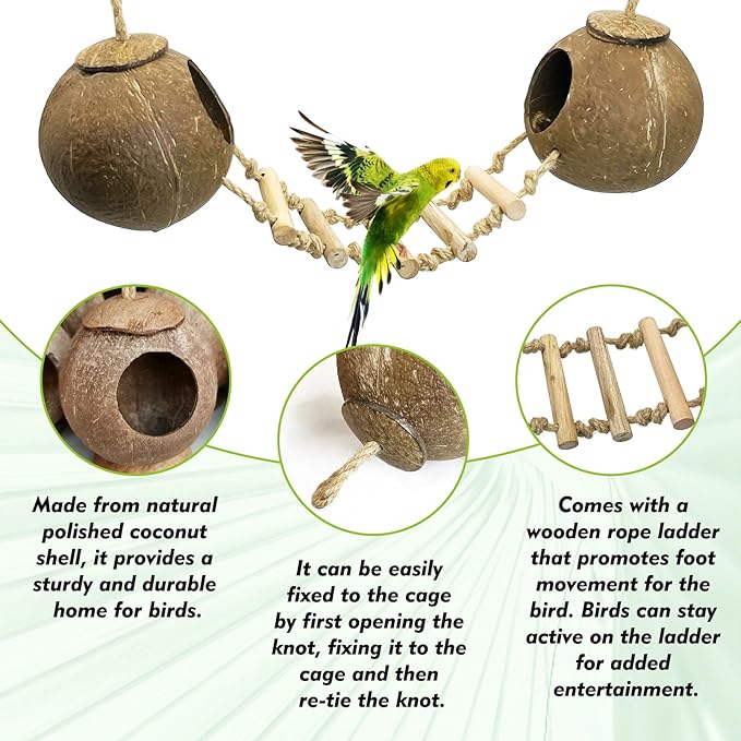 kathson 5Pcs Bird Coconut House with Ladder Parakeet Coconut Nest for Cages Parrot Hut Hanging Natural Coconut Fiber Conure Chewing Toys for Cockatiel Budgie Lovebird Cockatoos