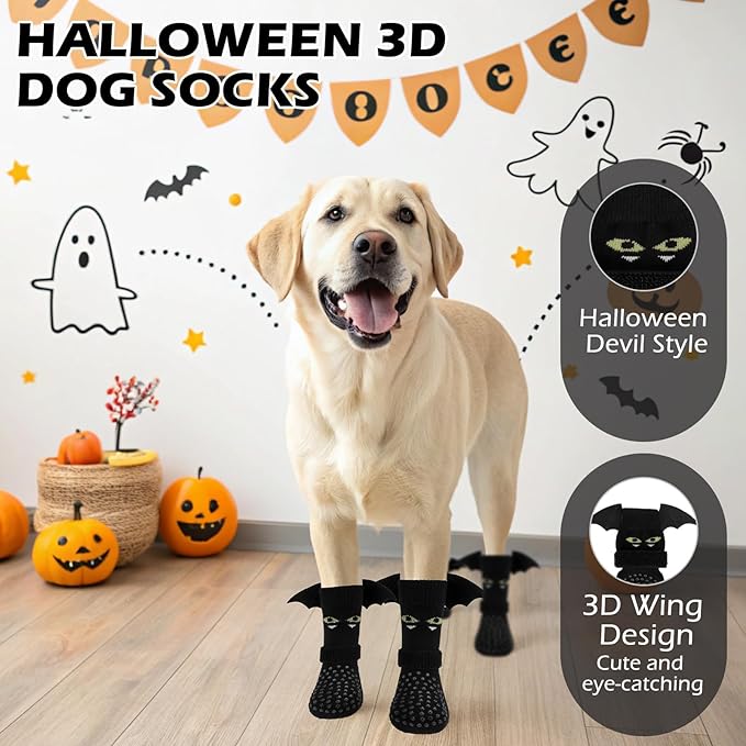 EXPAWLORER Halloween Anti Slip Dog Socks to Prevent Licking Paws, Boots & Paw Protectors with Grippers,Doggie Booties for Hardwood Floors for Small Medium Large Senior Dogs Costume Black Devil Wings M