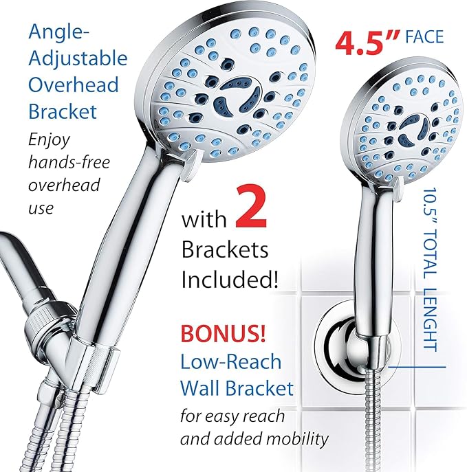 AquaCare High Pressure 8-mode Handheld Shower Head - Anti-clog Nozzles, Built-in Power Wash to Clean Tub, Tile & Pets, Extra Long 6 ft. Stainless Steel Hose, Wall & Overhead Brackets