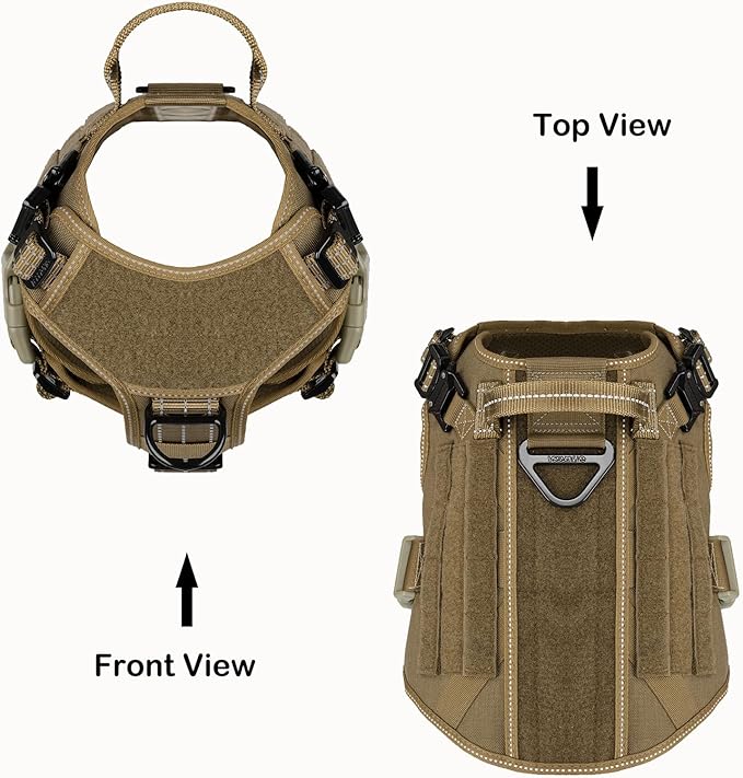 ICEFANG Tactical Dog Harness, Medium Size,2X Metal Buckle,Working Dog MOLLE Vest with Handle,No Pulling Front Leash Clip,Hook and Loop Panel (Brown,M (Pack of 1))