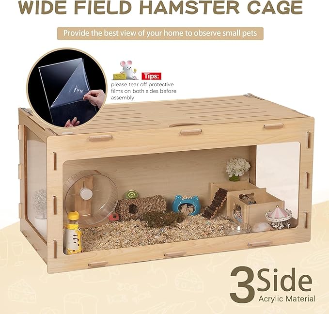 COZIWOW Wooden Hamster Cage Chewproof, Bigger World - 32" Large Hamster Cages and Habitats, Openable Top & 3 Side Acrylic Sheets, Small Animal Cage Pet House for Syrian Dwarf Guinea Pig Chinchilla