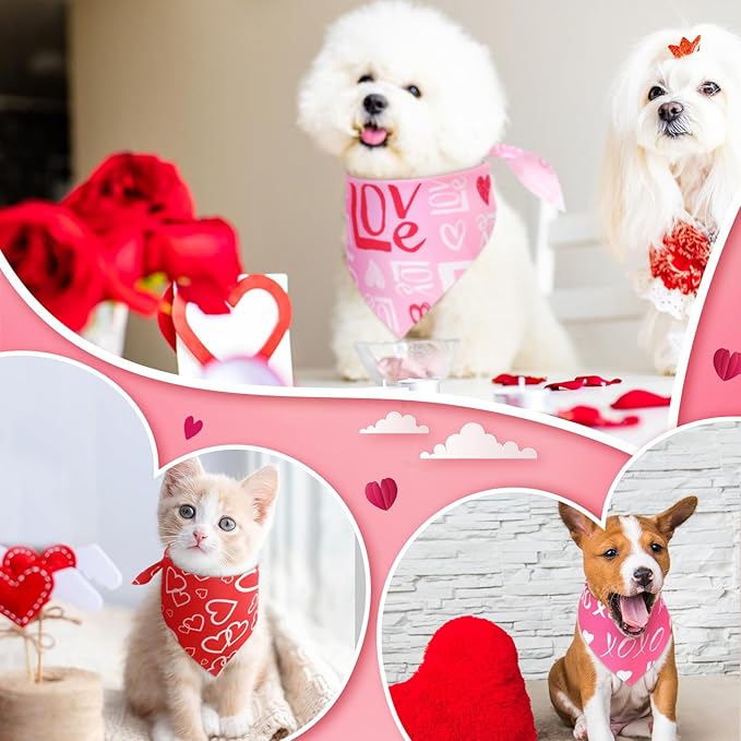 Weewooday 50 Pcs Valentine Dog Bandanas Bulk for Dogs Soft Bibs Adjustable Triangle pet Bandana for Small Medium Large Costume(Heart Pattern, 19.7 x 13.8 x 13.8 Inch)