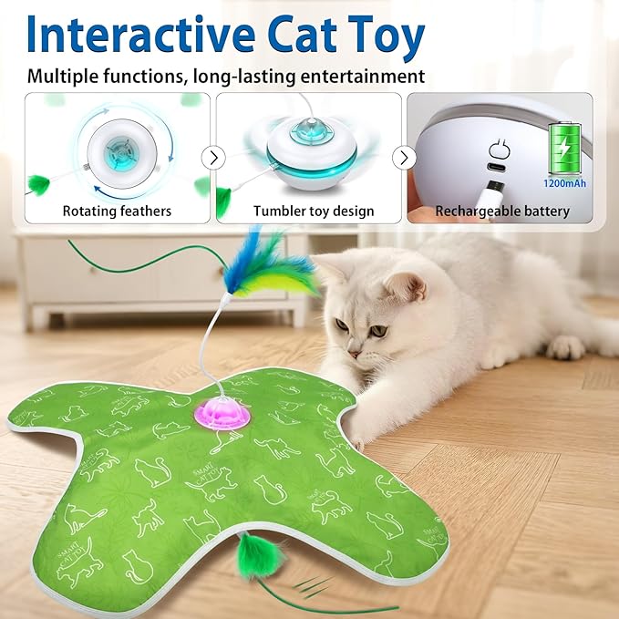 Interactive Cat Toys Rechargeable, Hide and Seek Kitten Toy with Touch Activated, Moving Concealed Feather, Tumbler Toy Design, Automatic Cat Toys for Indoor Cats to Chase and Exercise