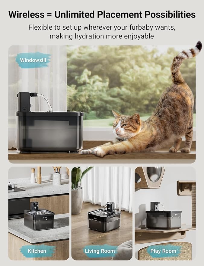 DownyPaws Cat Water Fountain Stainless Steel Cordless, 84oz/2.5L Fursink Wireless Pet Water Fountains for Cats Indoor, Battery Operated Cat Drinking Fountain, BPA-Free, Black with 6 Filters