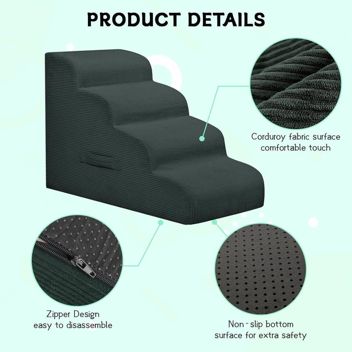Dog Stairs Steps for High Bed, 4 Steps Pet Steps for Small Dogs Non-Slip Removable Washable Cover Ramp for Indoor Outdoor Car Couch Sofa, Dark Gray