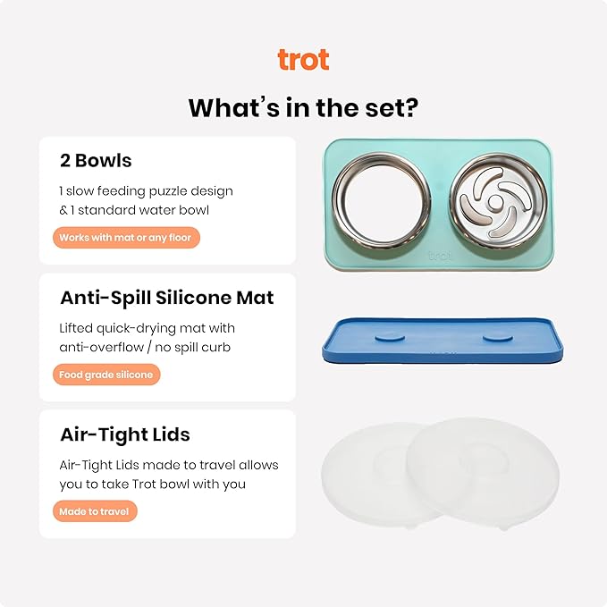 Trot Pets Premium Dog Bowls | Stainless Steel Bowl Set for Small, Medium, or Large Dogs | Non-Slip Food and & Water Slow Feeder | Durable, BPA-Free, Anti-Skid, Dishwasher Safe (Slate, Small)