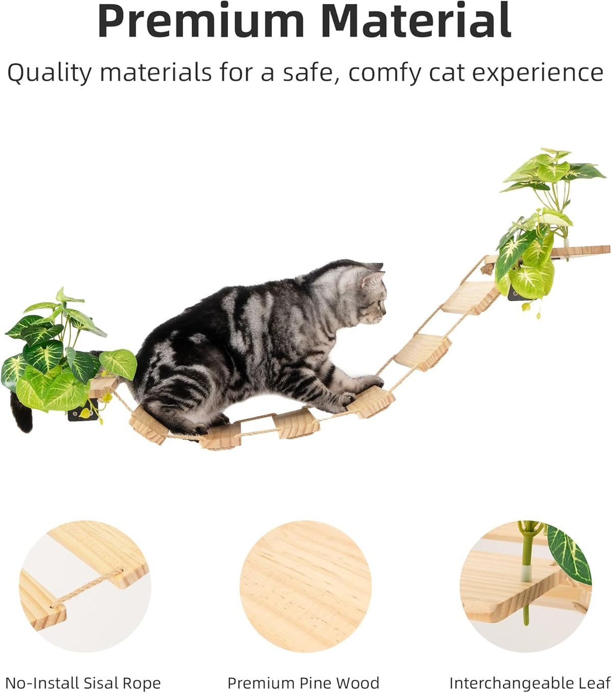 Meowoou Cat Bridge Wall Mounted, Rope Bridge for Climbing, Ladder for Indoor Cats, Cat Wall Furniture for Sleeping, Large Cats Steps Bed and Perches