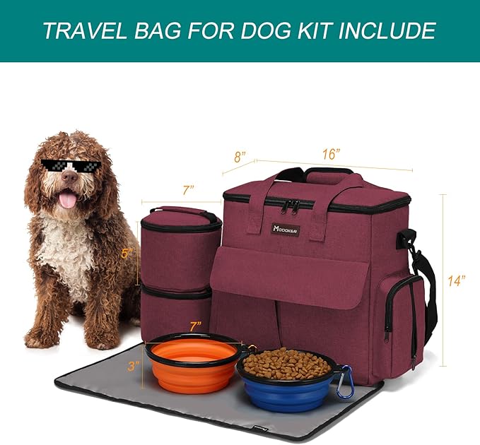 Airline Approved Pet Travel Bag, Weekend Travel Set for Dog and Cat, Airline Approved Tote Organizer with Multi-Function Pockets, 2 Dog Food Storage Containers, 2 Collapsible Bowls (Rose Red)