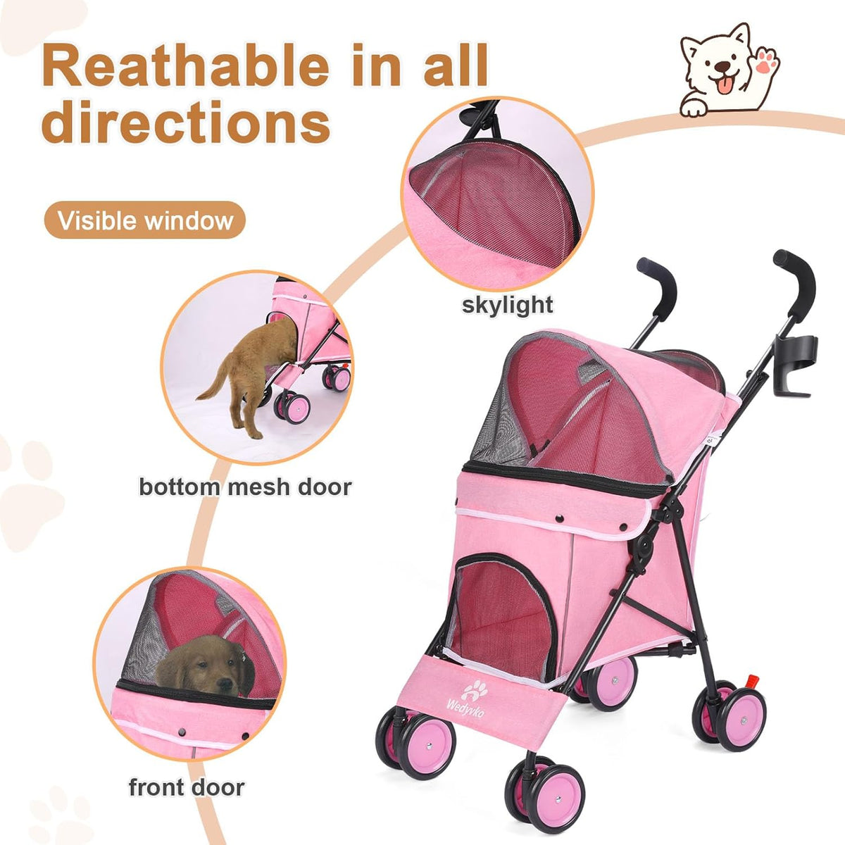 Umbrella Dog Stroller, 4 Wheels Pet Strolling, Foldable Carrier Pet Stroller for Small Dogs Cats, with Carrying Strap and Cup Holder, Dog Poop Bags & Dispenser, Up to 33 lbs, Pink