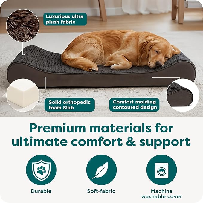 FurHaven Orthopedic Dog Bed for Large Dogs, Luxe Lounger Contour Mattress with Solid Orthopedic Foam Slab for Joint Support, Removable Washable Cover, Jumbo XL, Plush Suede, Chocolate