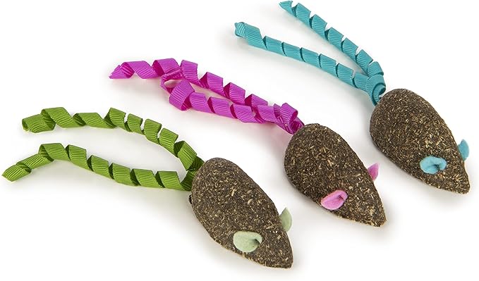 SmartyKat (3 Count) Magic Mice Compressed Catnip Ribbon Cat Toys - Green/Pink/Blue, 3 Count