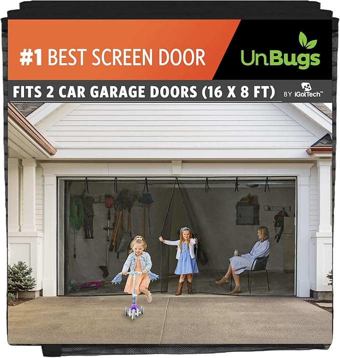 UnBugs Garage Screen Doors for 2 Car Garage - Fits Double Garage Doors up to 16 Feet Wide x 8 Feet Tall MAX- Pet & Kid Friendly, Self-Closing - Hands Free Magnet Closure Keeps Bugs Out & Breeze in