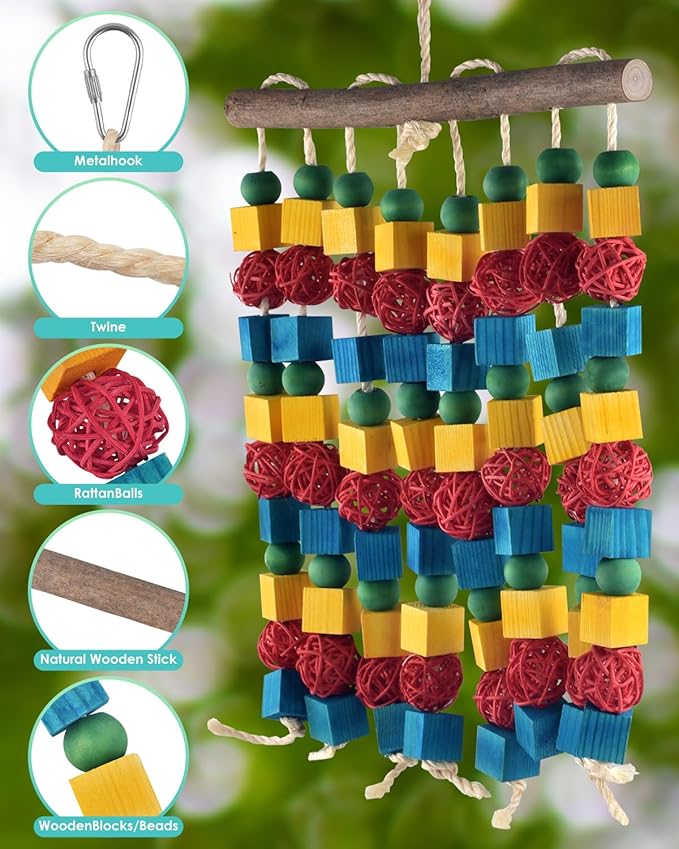 Large Parrot Toys, 17.7 inch Multicolored Natural Wooden Blocks Beads Rattan Balls, Bird Chew and Hanging Tearing Toys for Large Medium Birds Macaws African Grey Cockatoos Amazon Parrots