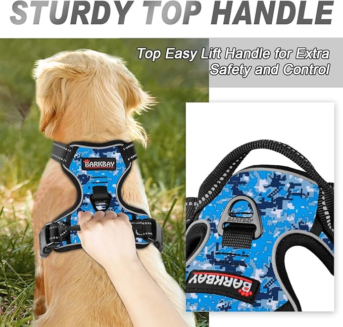 BARKBAY No Pull Dog Harness Front Clip Heavy Duty Reflective Easy Control Handle for Large Dog Walking(Blue camo,L)