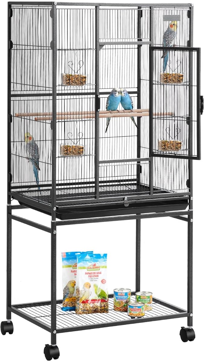 VEVOR Bird Cage, 24.6 x 16.7 x 53.9 inch, Flat Top, Wrought Iron Bird Flight Cage with Perches, Slide-Out Tray and Plastic Feeders, Casters, for Parrot, Blue Tit, Cockatiel, Canary, Budgerigar, Conure