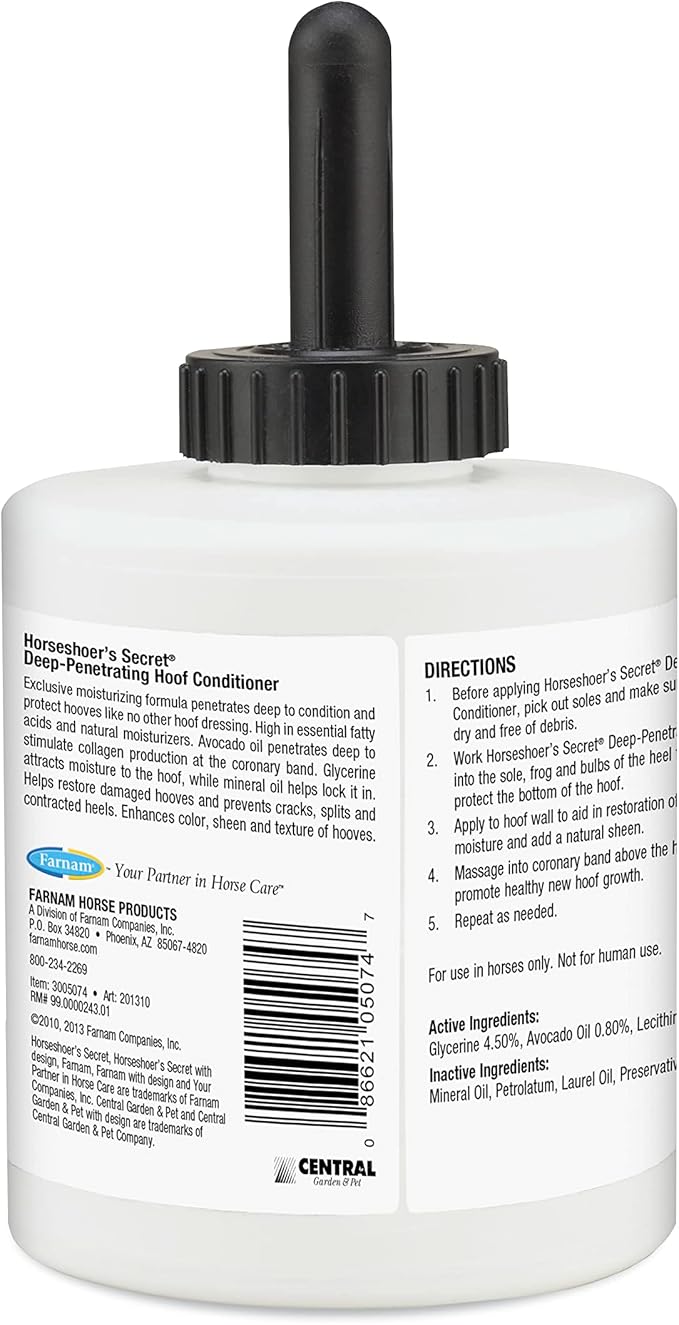 Farnam Horseshoer's Secret Deep-Penetrating Hoof Oil for Horses, Conditions Dry Hooves and Prevents Cracks, Splits and Contracted Heels, Contains Avocado Oil, 32 Oz.