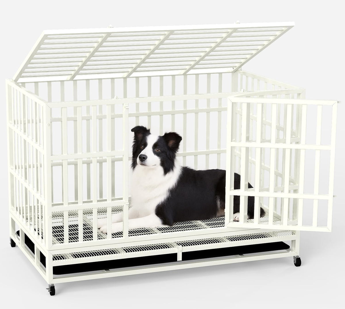 48 Inch Heavy Duty Dog Crate Steel Escape Proof, Indoor Double Door High Anxiety Cage Removable Tray, Extra Large,White